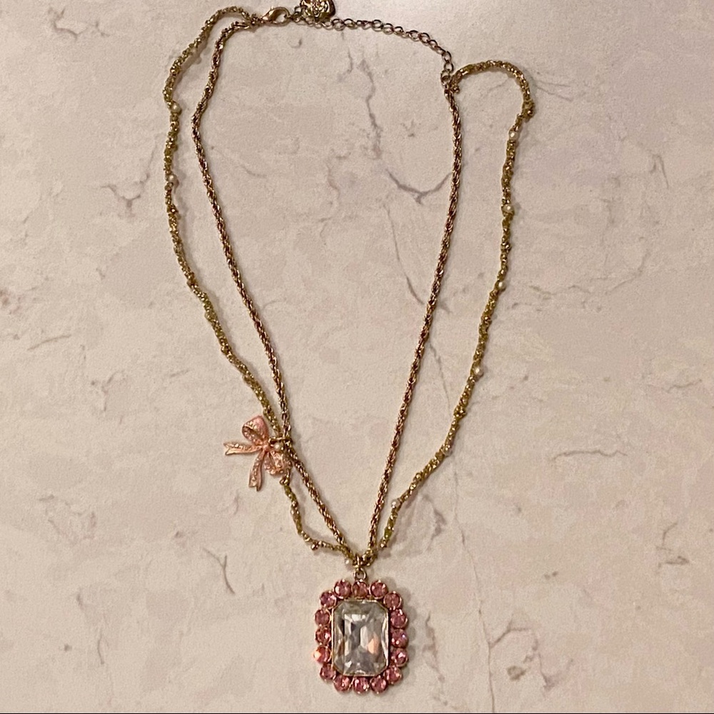 Betsey Johnson - Ice Princess Large Rectangle Stone With Bow Necklace Authentic